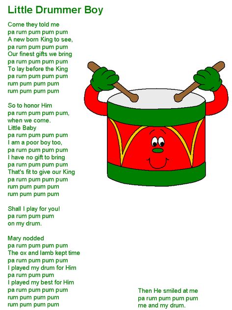 Little Drummer Boy lyrics Little Drummer Boy Lyrics, Christmas Crafts For Preschool, Christmas Songs For Toddlers, Little Drummer Boy Christmas, Drummer Boy Christmas, Christmas Song Lyrics, Drum Lessons For Kids, Christmas Carols Lyrics, Christmas Carols Songs