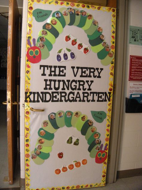 Door for The Very Hungry Caterpillar theme.  AM/PM Class Classroom Door Decorating Ideas, Eric Carle Classroom Theme, Hungry Caterpillar Classroom, Eric Carle Classroom, Spring Classroom Door, Classroom Door Decorating, Eric Carle Activities, Preschool Door, Door Decorating Ideas