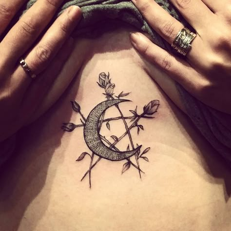 @jen_valkyrie_tattoo on Instagram: “Happy full moon witchy tat! #witchyasfuck #pentacle #moonart #cresentmoon #pentacletattoo #fineline #linework #magical #magictattoo…” Witchy Moon Tattoo, Witchy Tattoos For Women, Witchy Chest Tattoo, Triple Moon Tattoo, Pentacle Tattoo, Wicca Tattoo, Happy Full Moon, Witchy Tattoos, Pagan Tattoo