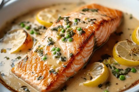 Creamy Salmon Piccata with Lemon and Capers – Valentina Recipes Lemon Caper Cream Sauce, Lemon Caper Salmon, Caper Cream Sauce, Salmon Piccata, Creamy Salmon, Recipe With Lemon, Capers Recipe, Lemon Salmon, Alaskan Salmon