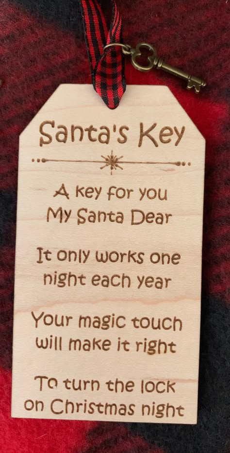 "Santa's Key Ornament! A cute little way to help your littles believe even if you don't have a chimney Santa can still visit them for Christmas! Size 2.25\"x4\" Plain or personalized All come with a key around an 1\" big. If you want a bigger (1.75\"-2.3\") key they are an extra $1 Personalized $10 Plain $8 Design options: plain, snowflakes, lights, leaf, or star with line" Christmas Santa Ornaments, Crafts With Keys, Key Ornaments Christmas, Santa Keys Ideas, Santas Magic Key Diy, Key For Santa, Santa’s Magic Key, Santa’s Magic Key Door Hanger, Santa’s Magic Keys