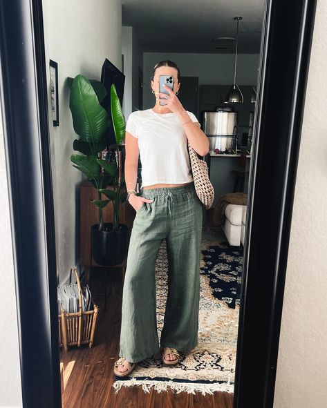 If you need us, we’ll be living in these linen pants ☀️ Pick them up in your favorite colors to join us 😌 #summer #summerstyle #linenpants #ootd #outfitideas #summeroutfit #newarrivals #italianlinen #italianstyle Green Linen Pants Outfit, Green Linen Pants, Comfy Summer Outfits, Linen Pants Outfit, Granola Girl, Sneakers Outfit, Italian Style, Linen Pants, Pants Outfit