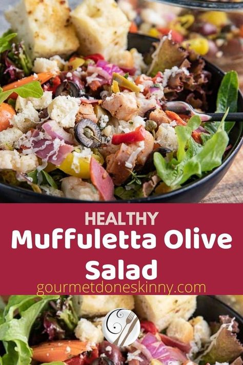 This healthy Muffuletta Olive Salad recipe is a twist on the Muffuletta sandwich New Orleans. It incorporates all of the deliciousness of the sandwich into a healthy salad – the saltiness of the olives, the muffuletta bread, the cold cuts and the cheese – with fewer calories. Muffelata Olive Salad Recipe, Muffaletta Salad Recipe, Muffaletta Olive Salad Recipe, Muffuletta Olive Salad Recipe, Salad Recipes Lettuce, Cousins Night, Muffuletta Salad, Muffuletta Recipe, Olive Salad Recipe