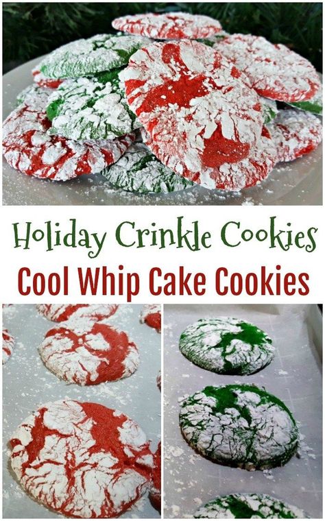 Colorful Holiday Crinkle Cookies are made from cake mix and cool whip! They are so pretty and easy to make. #12ChristmasCookieRecipes Christmas Cool Whip Cookies, Cool Whip And Cake Mix Cookies, Cool Whip Cookies Christmas, Cake Mix Cookies With Cool Whip, Cake Mix And Cool Whip Cookies, Cool Whip Cake Mix Cookies, Crinkle Cookies Recipe Cake Mixes, Cake Mix And Cool Whip, Crinkle Cookies Cake Mix