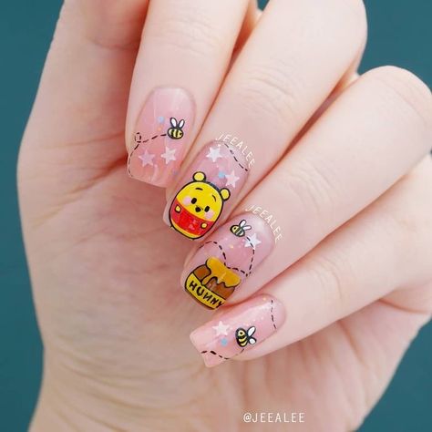 Whitney The Pooh Nails, Honey Pot Nails, Pooh Bear Nails, Winnie The Pooh Nail Art, Pooh Nail Art, Happy Birthday Hannah, Winnie The Pooh Nails, Pooh Nails, Character Nails