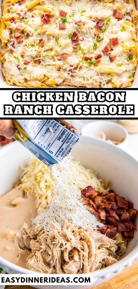 This chicken bacon ranch casserole is full of tender pasta, creamy alfredo sauce, juicy chicken, and crispy bacon. It's the best comfort food! Loaded Chicken Alfredo Casserole, Cheesy Bacon Ranch Shredded Chicken, Shredded Chicken Uses Easy Meals, Chicken Bacon Ranch Alfredo Pasta Dump And Bake, Chicken Bacon Ranch Bowl, Chicken Bacon Alfredo Pasta Bake, Chicken Bacon Ranch Rice Casserole, Chicken Bacon Ranch Alfredo Pasta, Chicken Bacon Ranch Rice