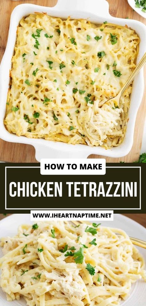 Creamy, cheesy, and comforting, this chicken tetrazzini is made with linguine and shredded chicken smothered in a cream sauce then covered in two kinds of cheese and baked until golden and bubbly. The perfect casserole your whole family will love! Tetrazzini Recipes, Chicken Tetrazzini Casserole, Chicken Linguine, Easy Chicken Tetrazzini, Chicken Tetrazzini Recipes, Asian Steak Bites, Favorite Casserole Recipes, Chicken Smothered, Easy Chicken Casserole Recipes