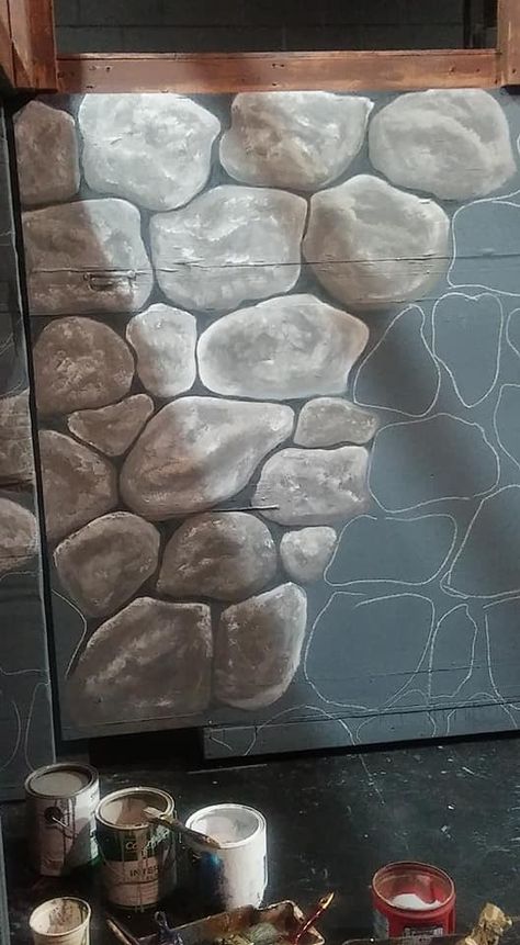 Faux stones for Oliver set piece Diy Castle Wall Faux Stone, Faux Castle Wall, Oliver The Musical Set Design, Painting Faux Stone Wall, Stone Wall Painting Art, Castle Stage Set, Cardboard Stone Wall, Stage Craft Theatre Set Design, Theatre Wall Design