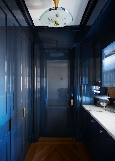 How to Furnish a Dream House? Leave Space for Things Found at Auction - WSJ Blue Painted Cabinets, Cabinets In Kitchen, Lacquered Walls, Blue Bathroom Decor, Painted Cabinets, Powder Room Decor, Manhattan Apartment, High Gloss Paint, Family Apartment