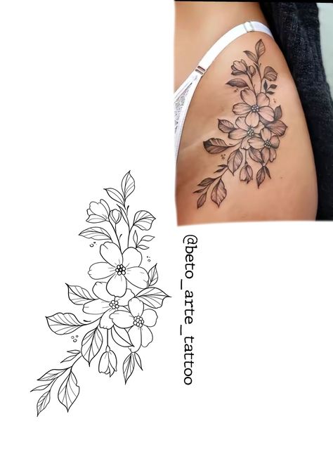 Thigh Tattoos Women Stencil, Tattoo Near Crotch, Knee Tattoos Women, Small Flower Tattoos For Women, Butterfly Tattoos Images, Knee Tattoos, Tato Minimal, Floral Thigh Tattoos, Flower Thigh Tattoos