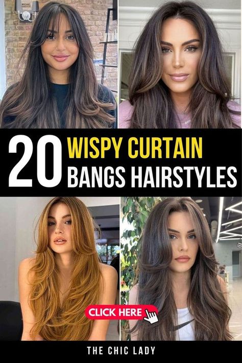 "Looking to update your long hair with a trendy twist? Discover 20 Stylish Ways to Rock Wispy Curtain Bangs with Long Hair! These effortlessly chic bangs add a soft, face-framing effect that perfectly complements long locks. From casual day looks to glamorous evening styles, these wispy curtain bangs are versatile enough to suit any occasion. Ready to refresh your hairstyle with a modern touch.

#CurtainBangs #LongHairStyles #HairInspo #TrendyBangs #HairGoals Curtain Bangs Long Brunette Hair, Long Hairstyles With Curtain Bangs, Whispy Curtains Bangs With Long Hair, Curtain Bangs With Long Hair, Swoopy Bangs, Black Hair With Lowlights, Best Hairstyles For Long Hair, Bangs With Long Hair, Dark Brown Long Hair