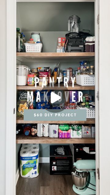 Amanda Vernaci | Come Stay Awhile on Instagram: "Our pantry was in desperate need of a makeover and for $60 I turned it into ✨ this ✨ Follow along with me @comestayawhile to learn how to transform your home on a budget! ❤️ 
.
Sure, I could of gotten fancy clear containers to impress you BUT if I’m real… that just isn’t us. We will be lucky if we can keep it this clean for more than a few days 😂 
.
Materials:
- 1 sheet of 1/2in sanded plywood
- 2 1x2 pine
- stain
- paint
.
Easy peasy weekend project idea! Tag a friend who might want to DIY this! So much better, right?!
.
.
#pantryorganization #pantry #pantrygoals #pantrymakeover #homeorganization #diyhomeprojects #diyhome #diyhomeimprovement #ispyraddesign #floatingshelves #diyshelves #pantrystorage #organizationideas #homehacks #budgetfri Small Pantry Makeover Diy, Pantry Paint Ideas, Diy Small Pantry, Pantry Makeover Diy, Diy Pantry Makeover, Pantry Hacks, Pine Stain, Pantry Redo, Painted Pantry