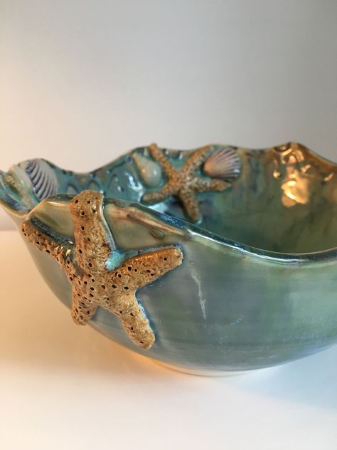 Seashell Pottery, Breaking Waves, Ceramic Serving Bowl, Seafoam Blue, Green Beach, Pottery Handbuilding, Clay Bowl, Slab Pottery, Sea Pottery