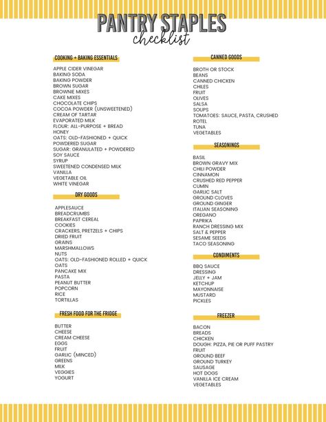 A FREE Pantry Staples Checklist to help you know what to try and keep on hand in the pantry for cooking and baking. Also, information about how long this food lasts in the pantry! Pantry And Fridge Essentials, Food Staples To Have, Budget Pantry Staples, Fridge Must Haves Food Grocery Lists, Staples To Have In Your Pantry, Kitchen Food Staples, Pantry Must Haves Staples, Healthy Pantry Staples List, House Hold Essentials List