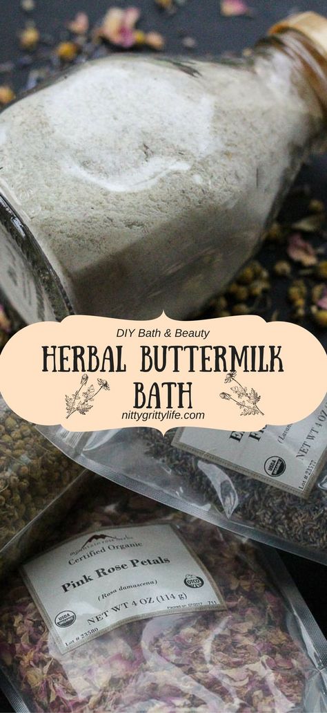 An indulgent soak to leave you radiant and relaxed, this herbal buttermilk bath with Epsom salts is a perfect DIY blend for gifting and spoiling one's self! #buttermilkbath #herbalbath #bathsalts via @nittygrittylife Herbalist Apothecary, Buttermilk Bath, Bath Bags, Milk Baths, Bath Soak Recipe, Bath Salts Diy, Bath Soaks, Homemade Bath, Natural Beauty Diy