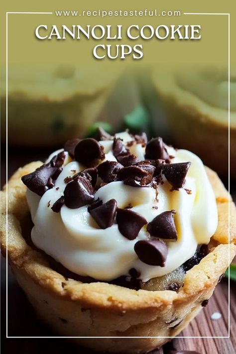 These Cannoli Cookie Cups combine the best of both worlds: a chewy, buttery cookie cup filled with a rich and creamy cannoli filling. The addition of mini chocolate chips inside the filling and the drizzling of melted chocolate on top creates a sweet, indulgent treat perfect for any occasion. Cannoli Cookie, Cannoli Cups, Italian Desserts Traditional, Chocolate Chip Cookie Cups, Cannoli Filling, Cookie Cups Recipe, Buttery Cookies, Cookie Cups, Melted Chocolate