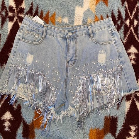 Boutique Sequin Fringe Rhinestone Denim Shorts SIZE 8-10 Fringe Tee, Rhinestone Denim, Fringe Shorts, Sparkle Shorts, Rhinestone Fringe, Boutique Owner, Short Fringe, Jeans Diy, The Boutique