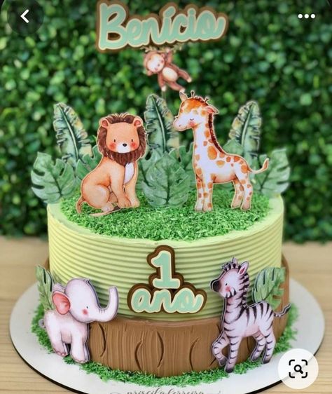 Safari Cake Design, Safari Cake Ideas, Pastel Safari, Topper Safari, Festa Safari Baby, Jungle Theme Cakes, Cake Designs For Kids, Animal Birthday Cakes, Safari Cakes