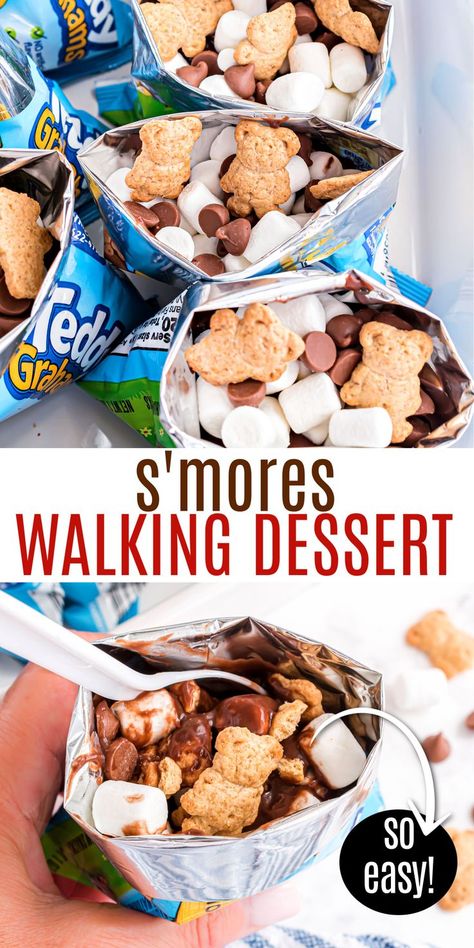 Walking Smores Dessert, Smore Cones Campfire, Smores Mix Snack, Walking Smores Graham Crackers, S’mores Alternative, Camping Foods For Kids, Fun Kid Snacks To Make, No Fire Smores, Camp Fire Treats