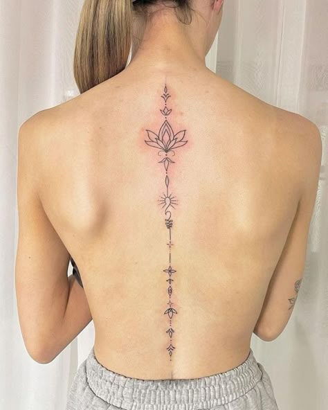 Lotus Flower Spine Tattoos For Women, Lotus Back Tattoo Women, Cute Back Tattoos For Women Spine, Lotus Spine Tattoos For Women, Back Lotus Tattoo, Lotus Flower Tattoo Back Spine, Back Tattoo Lotus, Lotus Flower Tattoo Back, Lotus Flower Spine Tattoo