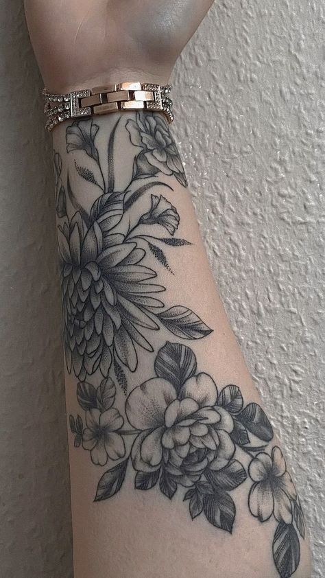 Woman Flower Sleeve Tattoo, Flower Tattoo On Inner Arm, Carnation Sleeve Tattoo, Anemone Flower Tattoo Design, Back Of Arm Tattoo Cover Up, Japanese Chrysanthemum Tattoo Sleeve, Forearm Floral Wrap Tattoo, Chrysanthemum Arm Tattoo, Carnation And Chrysanthemum Tattoo