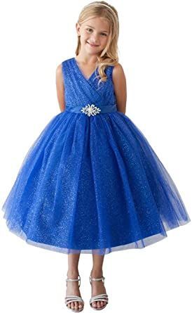 iGirlDress Little Girls' Glitter Tulle V-Neck Flower Girl Dress Size 6Mos-12 V Neck Tulle Dress, Royal Blue Girls Dress, Flower Girl Dresses Blue, Girls Communion Dresses, Girls Ball Gown, Tulle Flower Girl Dress, Girls Blue Dress, Tulle Flower Girl, Girls Pageant Dresses