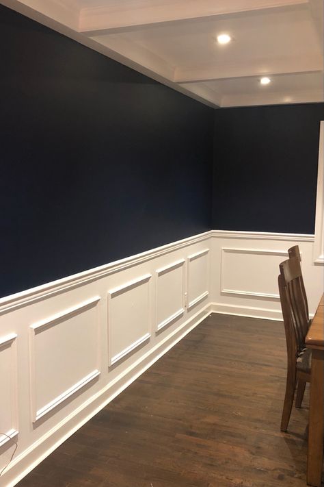 Chair Rail Molding Dining Room, Dark Walls With Chair Rail, Navy Blue Chair Rail, Cherry Rail Wall Ideas, Black Wall White Chair Rail, White Walls Black Chair Rail, Dark Chair Rail Paint Ideas, Formal Dining Room Chair Rail, Dining Room Chair Rail