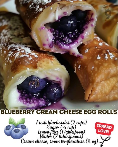 Blueberry Cream Cheese Egg Rolls Recipe Blueberry Cheesecake Eggrolls, Blueberry Cream Cheese Egg Rolls Recipes, Blueberry Egg Rolls, Blueberry Cream Cheese Egg Rolls, Blueberry Cream Cheese Eggrolls, Dessert Egg Roll Recipes, Dessert Egg Rolls Recipe, Blueberry Dessert Pizza, Cream Cheese Egg Rolls