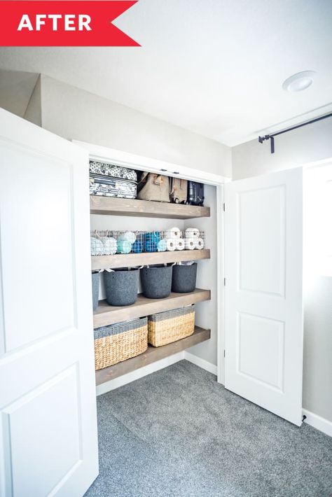 25 Closet Makeovers to Inspire a Refresh | Apartment Therapy Basement Closet, Ikea Pax Closet, Closet Makeover Diy, Organizing Linens, Hallway Closet, Farmhouse Chairs, Basement Storage, Linen Closet Organization, Upstairs Hallway