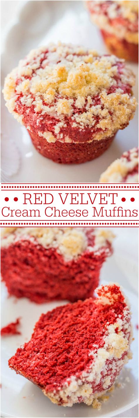 Red Velvet Cream Cheese Muffins - Cream cheese in the batter keeps the muffins so soft! The buttery crumb topping is just irresistible!! Velvet Desserts, Apple Muffin, Bakery Muffins, Coconut Dessert, Averie Cooks, Cream Cheese Muffins, Brownie Desserts, Velvet Cream, Muffin Man