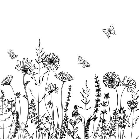 Black silhouettes of grass, spikes and herbs isolated on white background. Hand drawn sketch flowers and bees. Coloring book page design, elements for home decor and textile. Black And White Wildflowers, Grass And Flowers Tattoo, Flower Grass Drawing, Flower Field Sketch Pencil, Black And White Wildflower Drawing, Wildflower Garden Drawing, Wild Flowers Sketch, Bundle Of Flowers Drawing, Row Of Flowers Drawing