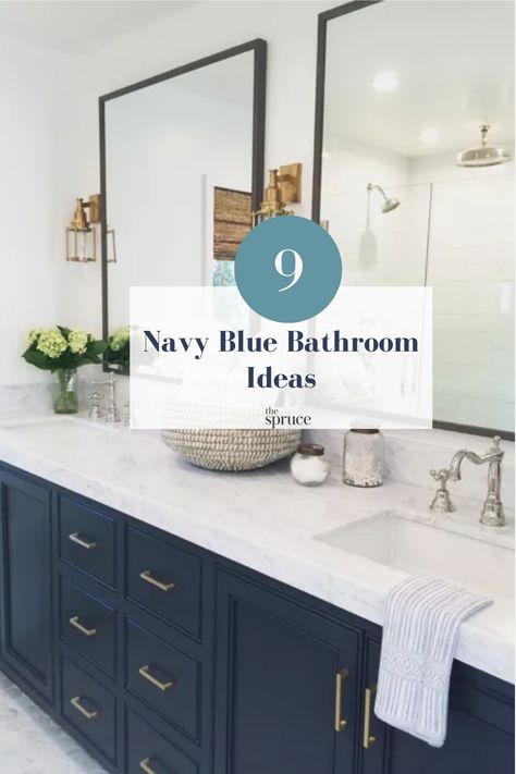 Navy Blue Bathroom Inspiration, Navy Blue Master Bath Cabinets, Small Bathroom Ideas Blue Vanity, Blue Grey Black Bathroom, Wallpaper Blue Bathroom, Gray And Navy Bathroom Ideas, Deep Blue Bathroom Walls, Master Bath With Navy Vanity, Navy Black And White Bathroom