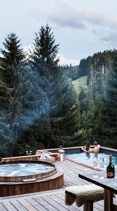 French Alps Chalet, Rustic Hot Tubs, Alps Chalet, Chalet Architecture, Mountain Spa, Luxury Chalet Interior, Sunken Hot Tub, Chalet Interior Design, Dream House Aesthetic