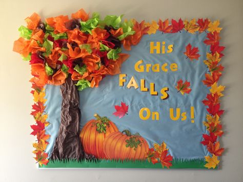 Fall Bulletin Board. Copied the words from another post. Fall Church Bulletin Boards, October Bulletin Boards, Christian Bulletin Boards, Thanksgiving Bulletin Boards, Christian Fall, Fall Bulletin Boards, Church Bulletin Boards, Preschool Bulletin, Preschool Bulletin Boards