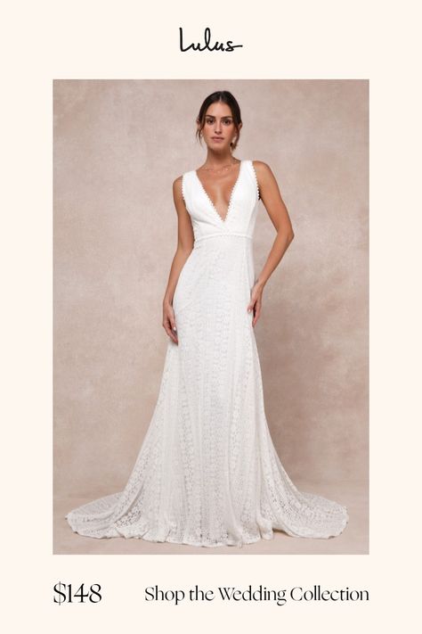 You'll be a stunning vision of perfection as you glide down the aisle in the Lulus Infinite Bliss Ivory Lace Sleeveless Backless Trumpet Maxi Dress! Gorgeous, sheer floral lace (atop a white knit liner) shapes this romantic dress that falls from wide straps into a plunging, subtle surplice neckline and a fitted bodice with an alluring open back design. The high waist sits atop a curve-flattering maxi skirt with a trumpet silhouette and a regal train at back. Crochet lace trim accents the straps, Casual Spring Wedding Dress, Lulus Wedding Dress, Straight Wedding Dresses, Trumpet Silhouette, Dress With Train, Maxi Dress Sleeveless, Spring Wedding Dress, Wedding Dresses With Straps, Lulu Fashion