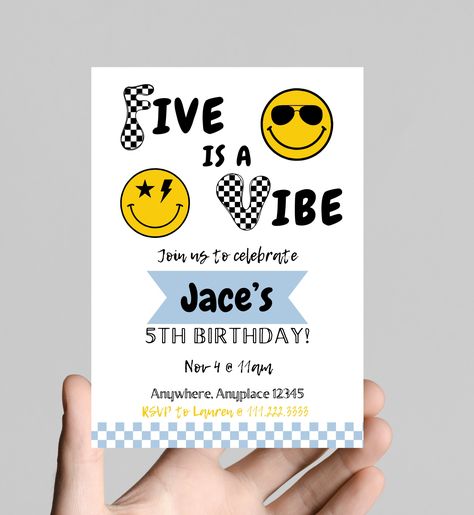 FIVE is a VIBE boy 5th birthday party invitation, black and white, smiley face, sunglasses, edit and printable, digital Five Is A Vibe Invitation, 5th Boys Birthday Party Ideas, 5th Birthday Party Themes Boys, Boys 5th Birthday Party Ideas Themes, Five Birthday Party Ideas Boy, Fifth Birthday Theme Boy, Five Year Old Birthday Theme Boy, Boys 5th Birthday Theme, 5th Birthday Themes Boy