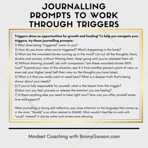 Journalling prompts to work through emotional triggers Recognizing Your Triggers, Triggers Journal Prompts, Healing From Triggers, Working Through Triggers, How To Control Emotional Triggers, How To Work Through A Trigger, How To Identify Emotional Triggers, Journal Prompts For Triggers, Trigger Journal Prompts