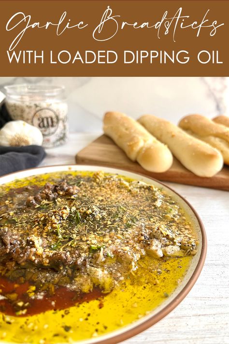 Garlic Breadsticks with Loaded Dipping Oil on a plate Garlic Twist, Mediterranean Dip, Bread Dipping Oil, Garlic Breadsticks, Dipping Oil, Oil Bar, Breadsticks, Instant Yeast, Baking Sheets