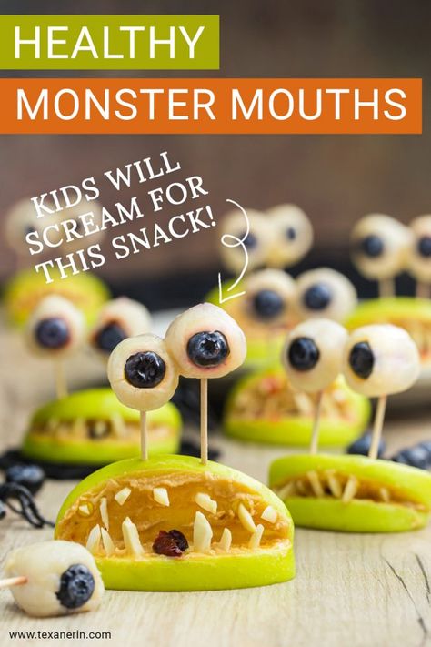 Amazing, Healthy Monster Mouth snacks for kids. These healthy Halloween treats will please any child. They even come with yummy eyes! Free of processed foods, candy and dyes, these are one snack that you want to serve your family and friends. #snacks #healthy #glutenfree #paleo #vegan #recipe #Halloween #texanerinbaking Halloween Snacks Healthy Kids, Monster Recipes, Gluten Free Halloween Treats, Vegan Halloween Treat, Healthy Halloween Recipes, Kid Friendly Appetizers, Vegan Halloween Food, Baking Halloween, Halloween Themed Snacks