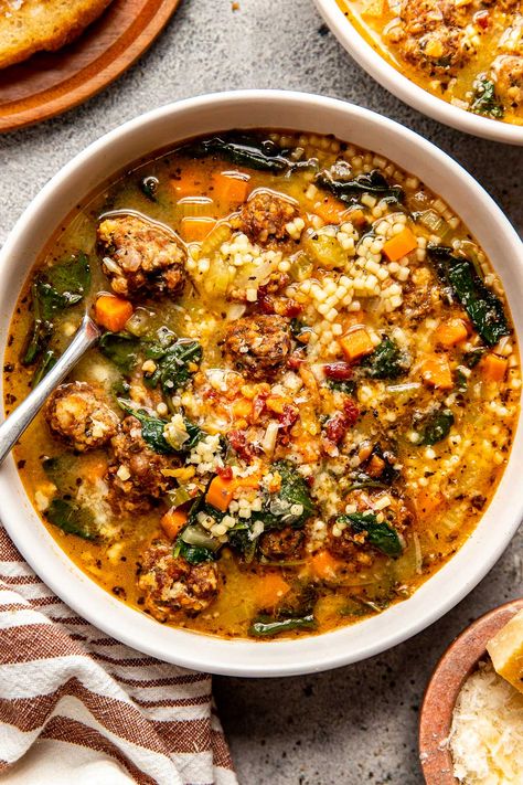 Homemade Fall Soup Recipes, Italian Wedding Ball Soup, Soup Italian Wedding, Mexican Wedding Soup Recipe, Italian Wedding Soup Orzo, Healthy Meatball Soup, Italian Stew Recipes, Wedding Soup Recipe Crockpot, Blue Zone Soup Recipes