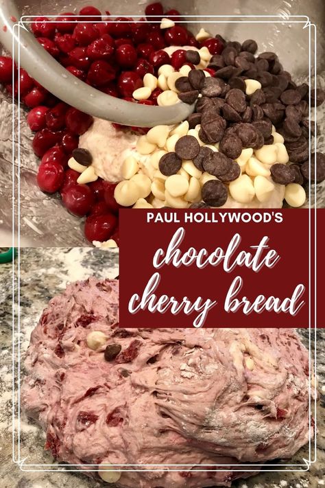 Chocolate Cherry Bread | Paul Hollywood's chocolate cherry bread is an  indulgent loaf full of sweet dark cherries and white and dark chocolate, but not too sweet or rich. This sweet braided bread is perfect for any occasion. I use Morello cherries. Bread With Chocolate, Homemade Chocolate Bread, Dark Morello Cherry Recipes, Cherry Sourdough Bread, Homemade Cherry Bread, Chocolate Loaf Bread, Morello Cherry Recipes, Cherry Chocolate, Cherry Chocolate Chip Bread