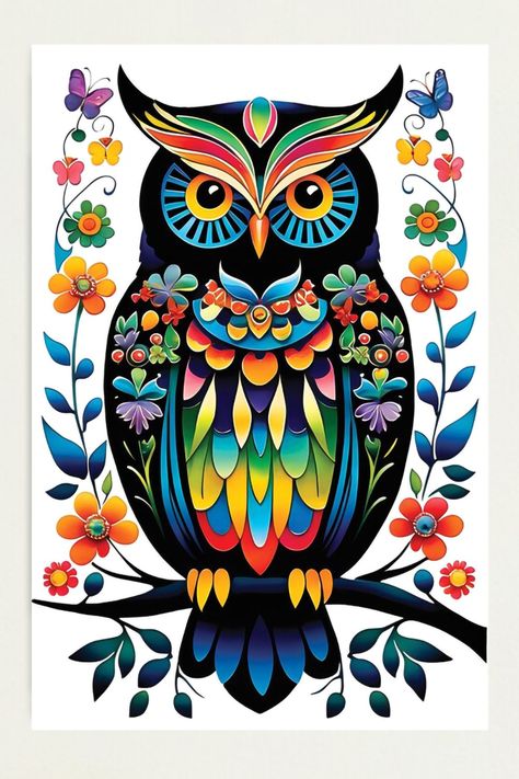 A Colorful and Floral Owl Illustration. Artwork by BelArte Store in Redbubble Owls Pictures, Valentines Rocks, Owl Coloring Pages, Owl Illustration, Owl Card, Posca Art, Colorful Owls, Owls Drawing, Owl Pictures