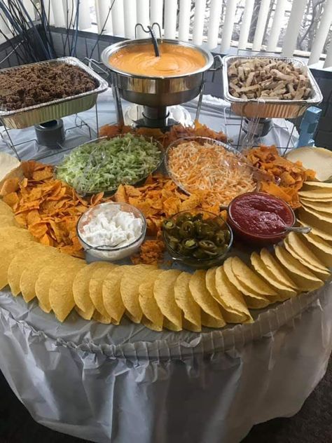 Mexican Parties Ideas, Mexican Food For Parties Ideas, Rustic Buffet Set Up, Fiesta Food Party, Wedding Crockpot Food, Taco Bar 1st Birthday Party, Taco Food Boards For Parties, Halloween Theme Taco Bar, 40th Party Food Ideas