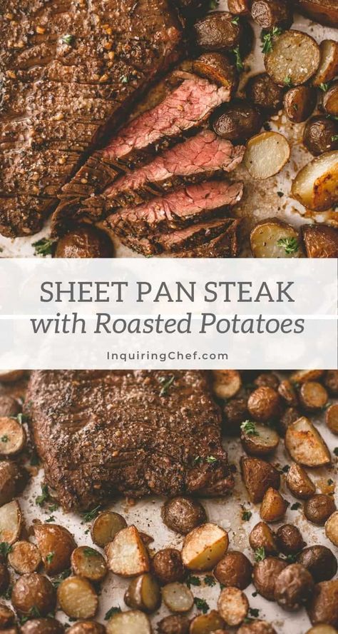 Sheet Pan Steak and Potatoes Sheet Pan Skirt Steak, Sheet Pan Steak And Potatoes, Oven Roasted Steak, Steak Oven, Oven Baked Steak, Sheet Pan Steak, Steak And Potatoes, Skirt Steak Recipes, Steak In Oven