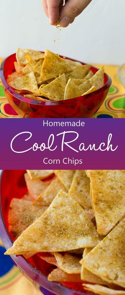 Healthy Homemade Cool Ranch Corn Chips are a healthy snack recipe that are reminiscent of the ever popular Cool Ranch Doritos, but you don't have to feel guilty about serving them to your kids! The perfect chip recipe for game day dips! Yay for football food! Corn Chips Recipe, Game Day Dips, Ranch Corn, Doritos Recipes, Cool Ranch Doritos, Chip Seasoning, Healthy Snack Recipe, Chip Recipe, Potato Chip Recipes