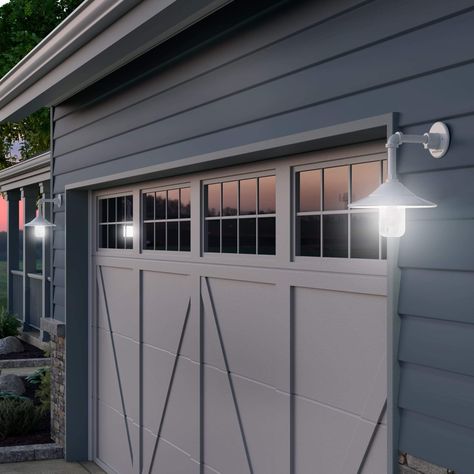 Outdoor Lighting Placement | Kichler Lighting Soffit Lighting Exterior, Garage Lights Exterior, Lighting Placement, Garage Light Fixtures, Hardscape Lighting, Outdoor Garage Lights, Carriage Lights, Brick Columns, Lake Houses Exterior