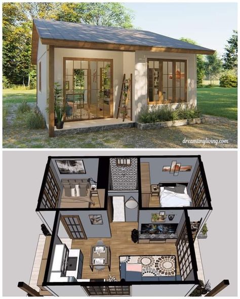 Tiny Houses Community | Tiny Home 🏡 1 Floor Tiny House, Ranch Style Tiny House, Tiny House Ranch, Tiny Beach Houses, Open Plan Small House, Tiny House 1 Floor, Accessory Dwelling Unit Backyard Cottage, Small Open Plan House, Small Houses Layout