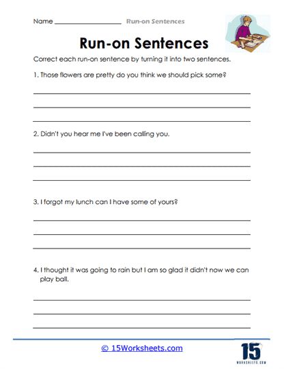 Run-on Sentences #1 Worksheet - 15 Worksheets.com Kinds Of Sentences Worksheet Grade 3, Forming Sentences Worksheets, Run On Sentences Worksheets, Declarative Sentences Worksheets, Types Of Sentences Worksheet Grade 5, Proper Punctuation, Sentence Anchor Chart, Sentences Worksheet, Run On