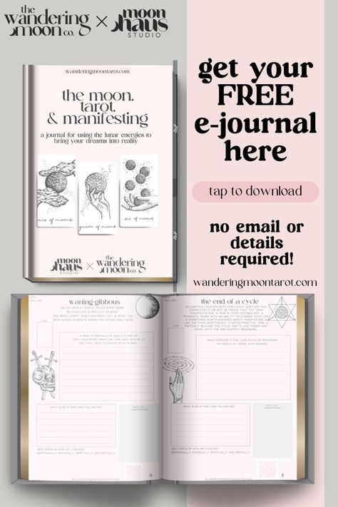 free aesthetic manifestation journal from the wandering moon co. for download Diy Tarot Journal, Free Tarot Journal Printable, Tarot Journal Ideas Free Printable, Tarot Card Journal Ideas, Digital Tarot Journal, Learning Tarot Cards Journal, Free Manifestation Journal Template, Witchy Junk Journal Printables Free, Witch Planner Free Printable