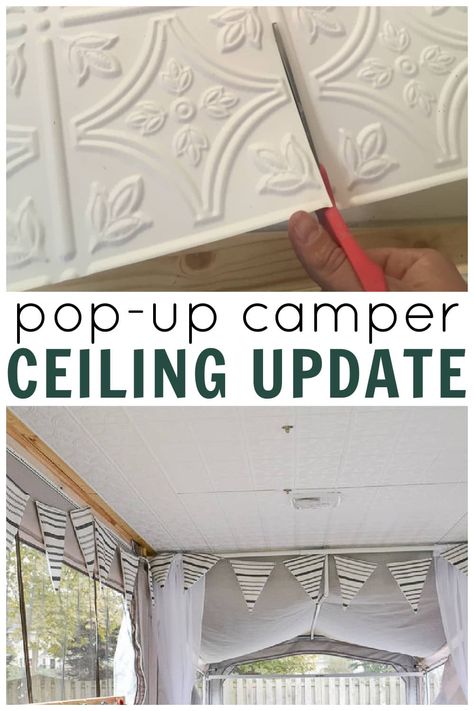 use plastic tiles to update a RV ceiling or camper ceiling Shiplap Rv Ceiling, Pop Up Tent Trailer Makeover, Camper Ceiling Repair, Diy Camper Window Coverings, Pop Up Camper Canvas Repair, Pop Up Camper Ceiling Remodel, Rv Ceiling Makeover, Pop Up Camper Countertop Redo, Camper Ceiling Remodel